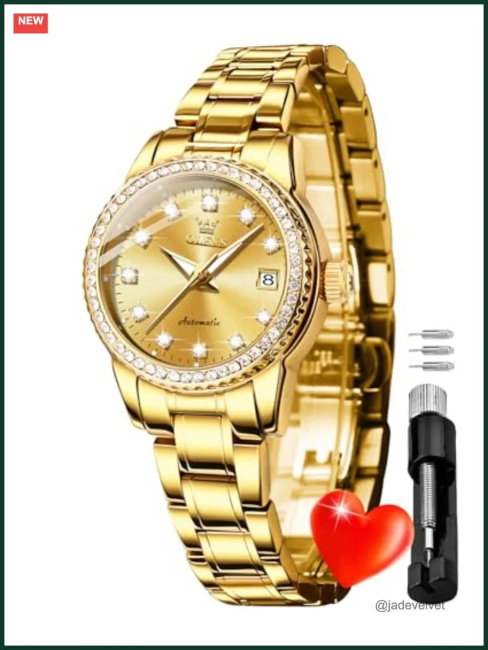 Women's Automatic Mechanical Watch with Diamonds, Gold Stainless Steel, 30M